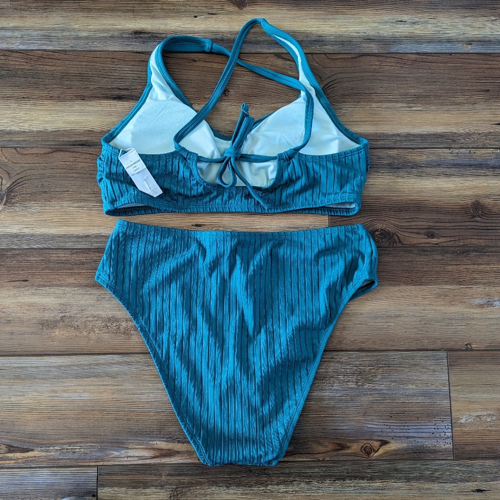 NWT Cupshe Solid Green 2 Piece Swimsuit Bikini High-Waisted L - Picture 4 of 9